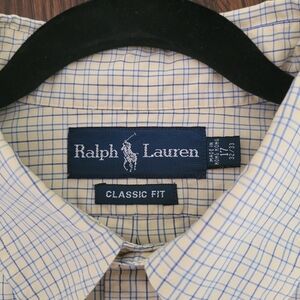 RALPH LAUREN Mens Shirt Cotton Yellow Blue Pattern Size 17 32/33 Preppy Luxury